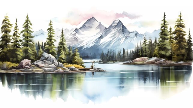 watercolor painting of colorful mountain landscape isolated on white background. Snowy mountain peak with lake and cypress trees. generative ai