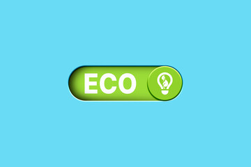 3D illustration of green button to switch on eco life. Clean environment. Solution of air. Environment pollution concept.