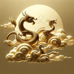 the minimalist realistic art illustrations of mythical gold dragons on a cloud, designed in a traditional Chinese style