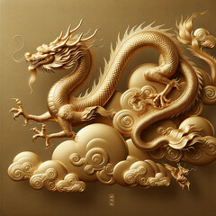 the minimalist realistic art illustrations of mythical gold dragons on a cloud, designed in a traditional Chinese style