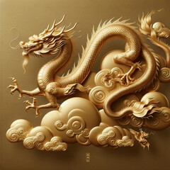 Fototapeta premium the minimalist realistic art illustrations of mythical gold dragons on a cloud, designed in a traditional Chinese style