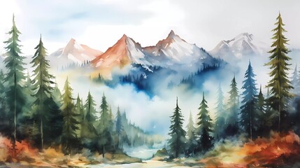 watercolor painting Autumn mountains with fir trees. generative ai - 713024477