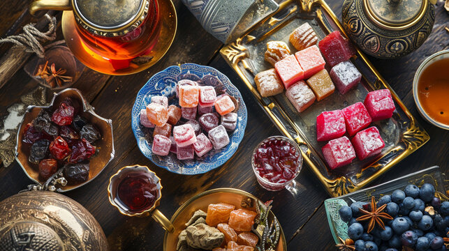 A visually elaborate composition featuring Turkish delight and other sweet treats served alongside tea, showcasing the delightful pairing of flavors and textures in Turkish tea cul