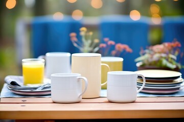 picnic table setting with soup in ceramic mugs, outdoor light