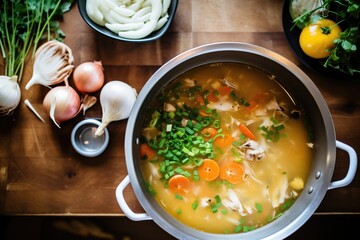 ingredients spread around a pot of simmering soup - obrazy, fototapety, plakaty