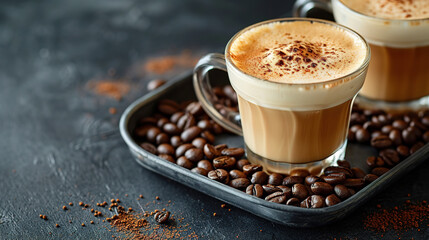 Cup of coffee with milk on a dark hot cappuccino in a glass cups, coffee beans are near cups on the tray. 