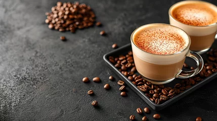 Foto op Plexiglas Cup of coffee with milk on a dark hot cappuccino in a glass cups, coffee beans are near cups on the tray.  © Ilya