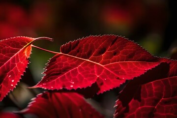  An exceptional close-up showcasing the fascinating details of a single red leaf. The flawless lighting captures its uniqueness, resulting in a super realistic and captivating