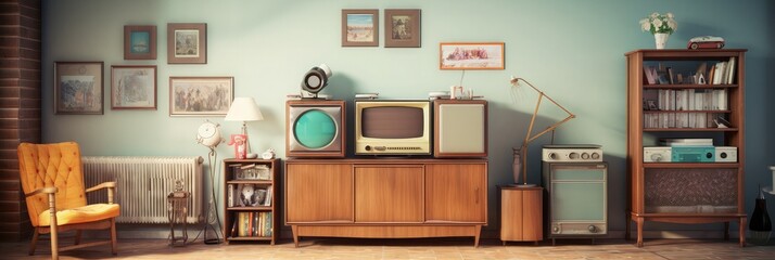 Retro living room design with old television, cabinet and radio along with work area with typewriter