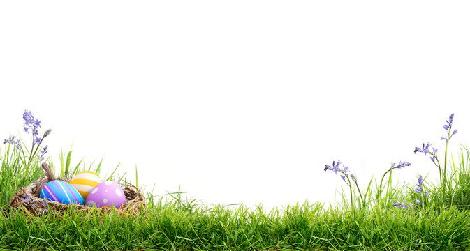 A blank template of three painted easter eggs in a birds nest celebrating a Happy Easter on green grass and isolated on transparent background.	