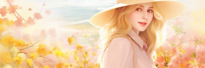 Obraz na płótnie Canvas Beautiful Blonde Girl in Straw Hat on Delicate Summer Banner with Space for Text