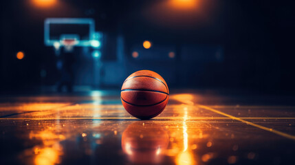 Basketball on court floor, close up with blurred arena in background