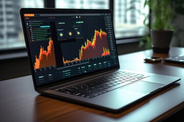 A laptop with a screen displaying a cryptocurrency trading platform