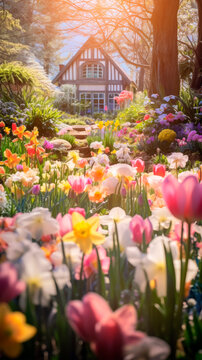 Fototapeta A charming spring scene with a colorful combination of tulips, daffodils, hyacinths under the warm light of lamps with Easter eggs and green grass. Easter festive background. Seasonal gardening