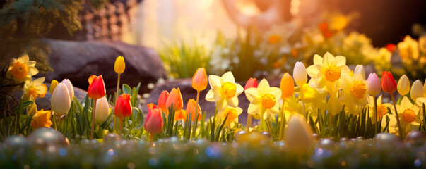 A charming spring scene with colorful combination of tulips, daffodils, hyacinths under the warm light of lamps with Easter eggs and green grass. Easter festive background. Seasonal gardening. Banner