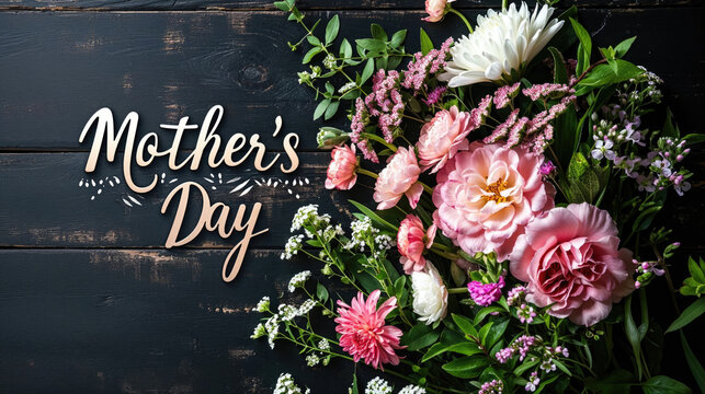 Lush red flowers frame an elegant handwritten "Mother's Day" lettering on a textured background.	
