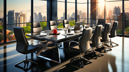 Fototapeta na wymiar Corporate Meeting Room with Modern Furniture, City View, and Professional Ambiance