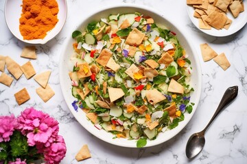 overhead of fattoush with measuring spoons and dressing