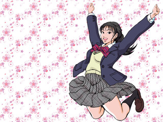 祝卒業_桜吹雪の中バンザイしながらジャンプする女子高生_人物のみ