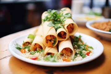 close-up of golden-brown flautas stacked on a plate - obrazy, fototapety, plakaty