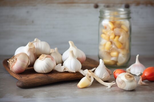 fermented garlic bulbs next to raw garlic bulbs for comparison
