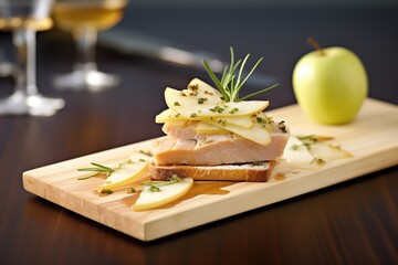 a slate board featuring foie gras on toast with pear slices - obrazy, fototapety, plakaty