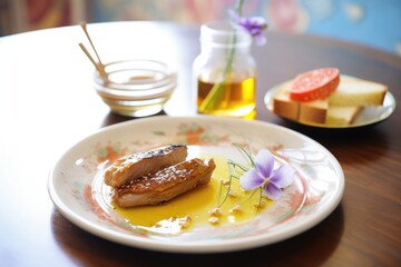 a plate with foie gras toast and a small bowl of honey - obrazy, fototapety, plakaty