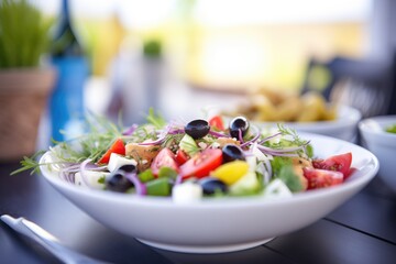 greek salad, black olives focus, blurred background - obrazy, fototapety, plakaty