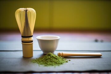 matcha powder beside a bamboo whisk on a mat