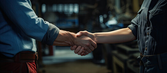 Fototapeta na wymiar Close-up of a firm handshake between two professionals in a corporate environment, symbolizing partnership and agreement in factory warehouse.