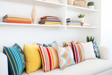 rows of colorful throw pillows on a white shelf