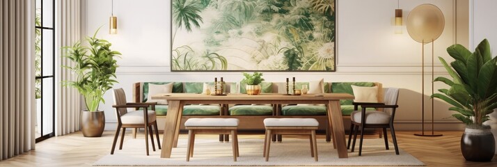 Stylish and eclectic dining room interior with mock up poster map, sharing table design chairs, gold pedant lamp and elegant sofa in second space. White walls, wooden parquet. Tropical leafs in vase. - obrazy, fototapety, plakaty