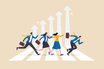 Business challenge, growing to success, growth chart or career path, teamwork winning together, work improvement or leadership, motivation concept, business people running on growth arrow up chart.