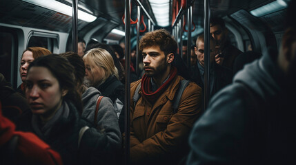 Fototapeta na wymiar Daily Commute Dynamics: Men in the Heart of Urban Transit, generative ai