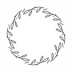 Hand drawn floral wreath. Botanical frames with branches and leaves. Round floral frame for logos, monograms, decorations.