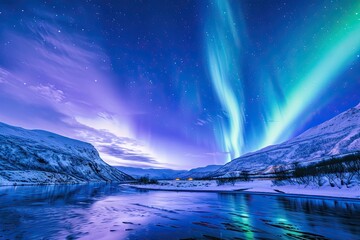 Naklejka premium Ethereal beauty of the Northern Lights illuminates a stunning landscape. Captivating scene showcasing the wonders of nature and the enchanting allure of the aurora borealis