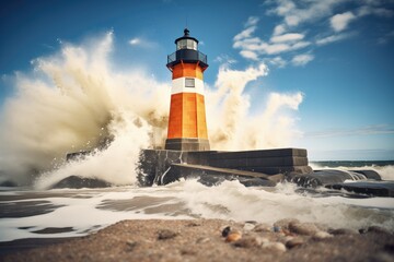 waves crashing against a lighthouse base