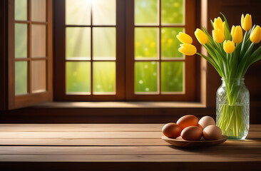 Easter eggs on a wooden table. Spring sunny background of Easter spring.A golden ray of sunlight falls from the window.