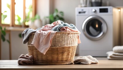 Laundry basket with clothes beside of a washing machine - obrazy, fototapety, plakaty