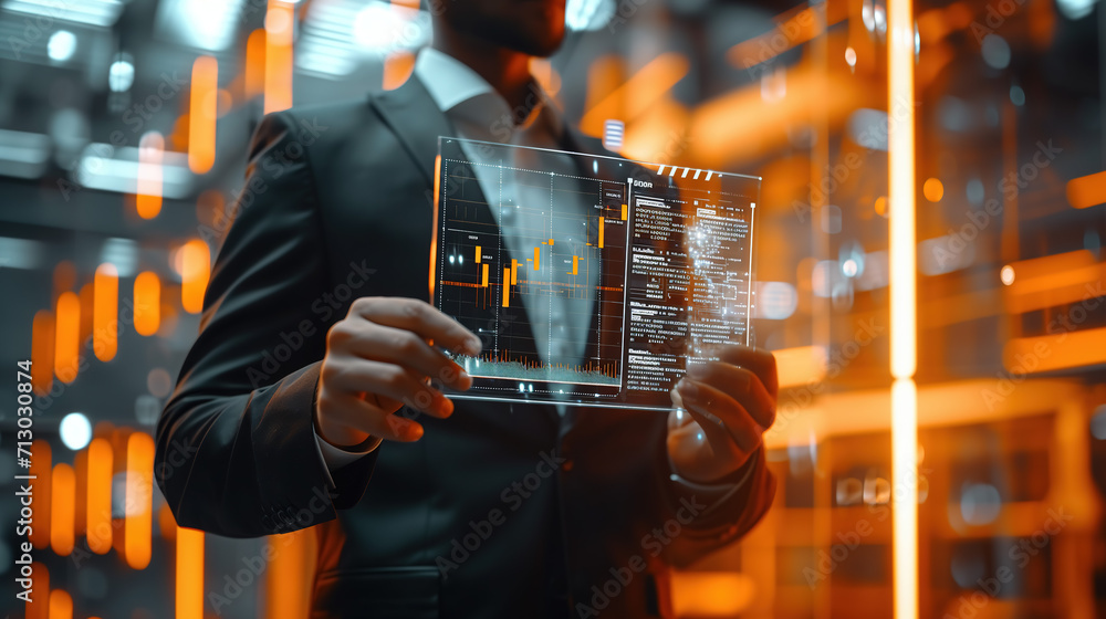Aufkleber businessman analyzing digital financial data on a transparent holographic screen with ai and big dat