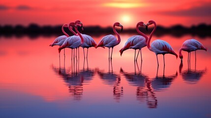 A scene of a flock of flamingos wading in a shallow pond - obrazy, fototapety, plakaty
