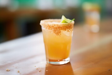 close-up of a michelada in a salt-rimmed glass with lime