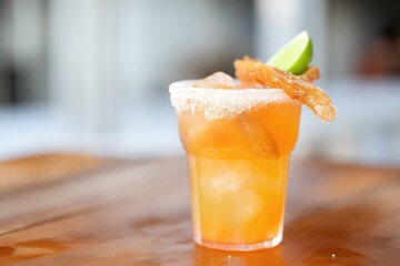 close-up of a michelada in a salt-rimmed glass with lime
