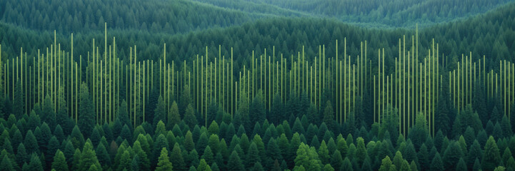 green stripes in the forest symbolizing a sound wave - obrazy, fototapety, plakaty
