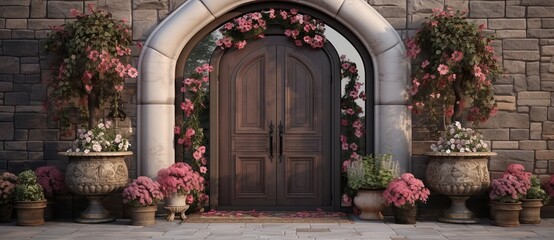 Fototapeta na wymiar beautiful front door with potted flowers