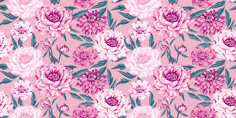 Seamless artistic abstract blooming flowers peonies, dahlias and leaves pattern. Vector hand drawn. Chic, beautiful pink floral tapestry. Template for design, textile, fashion, fabric, wallpaper