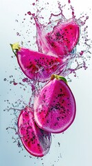 levitating juicy halves of dragon fruit, pitahayas fly with splashes of water. The fruit contains vitamins B, C, iron, calcium.