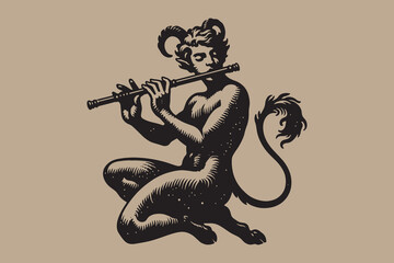 A young mythical satyr playing the flute. Vintage retro engraving illustration. Black icon, logo, label. isolated element. - obrazy, fototapety, plakaty