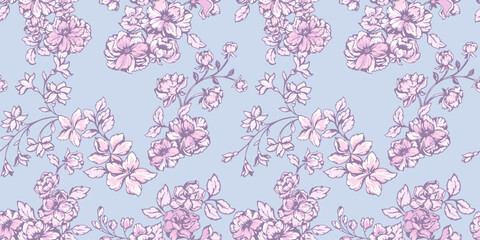 Beautiful wild blossoms floral stem seamless pattern. Artistic, gentle, feminine, blue, pink pastel print in many kinds flowers. Vector hand drawn. Template for design, fashion, printing