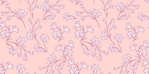 Fototapeta na wymiar Gentle tiny branches flowers and buds pattern on a beige background. Vector hand drawn silhouettes. Pastel simple artistic floral printing. Template for design, fashion, printing, fabric
